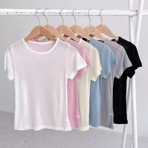 여름 울 스판 슬림 시스루 레이어드 얇은 반팔티셔츠 6color