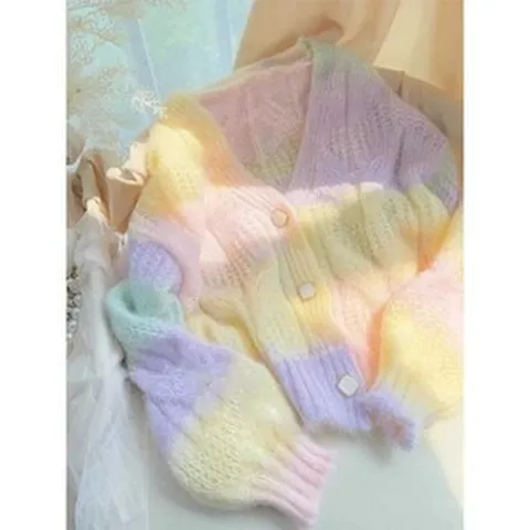 그라데이션니트 파스텔 무지개가디건 연보라니트 레인보우 펀칭 가디건