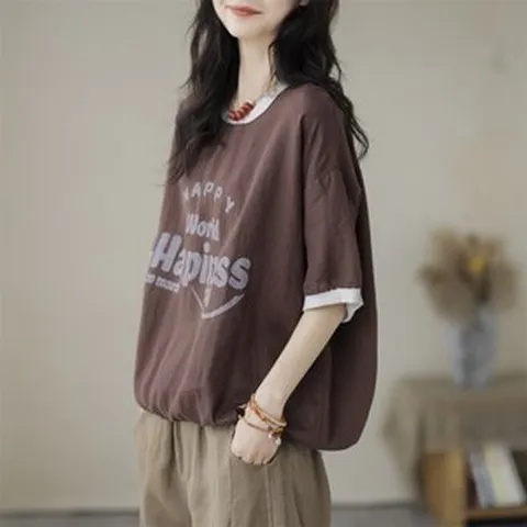 꽃소담 중년여성 루즈핏 린넨 반팔 티셔츠 빅사이즈 QQC155