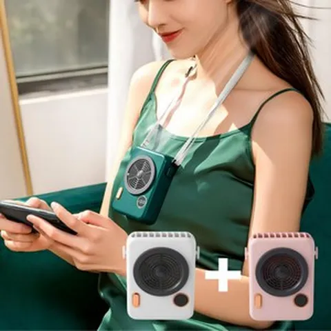 1+1 무소음 무선 미니 휴대용 선풍기 목걸이, 화이트1개+핑크1개