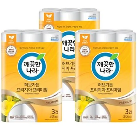 깨끗한나라 허브가든 프리지아 프리미엄 3겹 27m 30롤x3팩, 3팩, 30롤