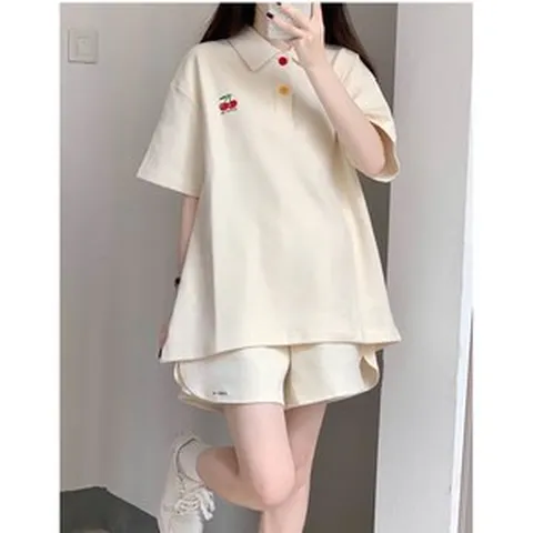 YioYcc 여성 트레이닝복 세트 심플 캐주얼 투피스 반팔 티셔츠+반바지 데일리룩 세트