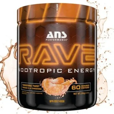 ANS Performance 레이브(60인분 8.9온스) – 높은 에너지 충돌 없는 포뮬러 - 메모리 & 포커스 보충제 무설탕 부스트 정신-신체 신경 연결(귤 트위스트), Tangerine Twist, 252g, 1개