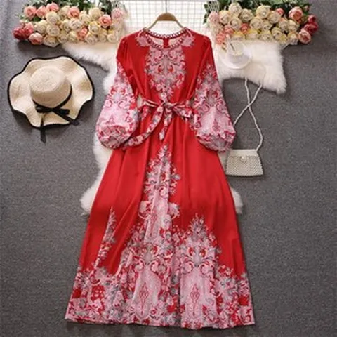 수입원피스 명품스타일 보세원피스 우아한 화려한 복고풍 프린트 청담 며느리룩 T3