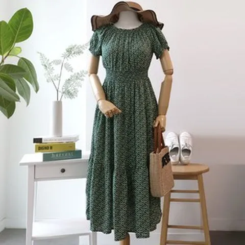 메리앤유 러블리 나염프린팅 오프숄더가능 스모크밴딩 원피스