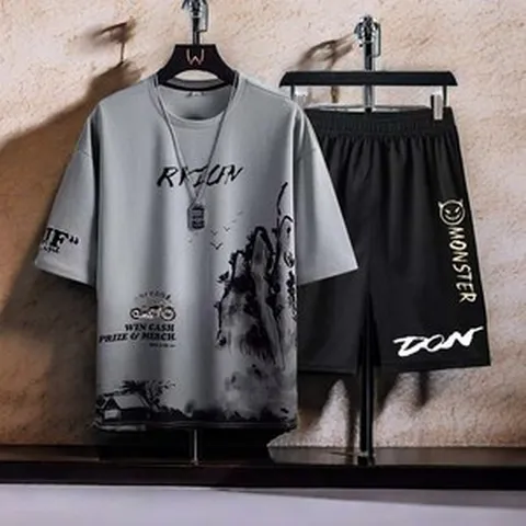 남성용 여름 빅사이즈 트레이닝 루즈핏 반팔 반바지 세트