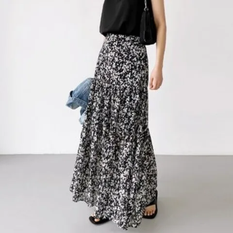 나염 쉬폰 캉캉 맥시 스커트