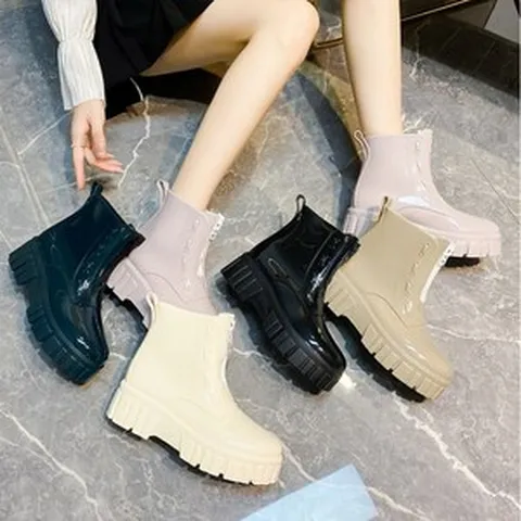 Rainstrider 미끄럼방지 키높이 패션 지퍼 미들 장화 레인부츠