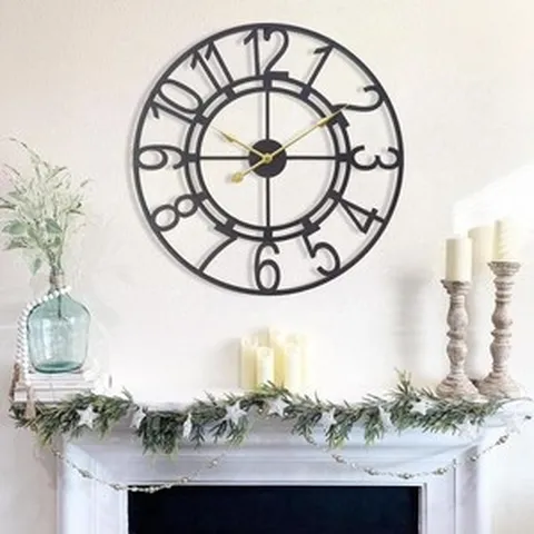 61cm(24인치) 대형 벽시계 조용한 똑딱 거림 방지 배터리 작동 벽시계 블랙 러스틱 산업용 금속 해골 시계 빈티지 농가 실내 실외 장식 시계 거실 침실용, 블랙 더블 링_24 Inch, 블랙 더블 링_24 Inch