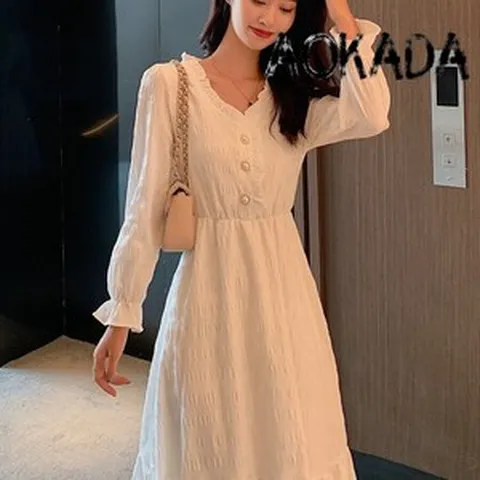 AOKADA 여성원피스 휴양지원피스 브이넥 프릴 긴팔 화이트 쉬폰 롱 원피스