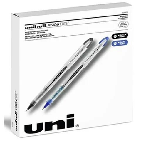 Uniball Vision 엘리트 롤러볼 펜 - 12팩 (블랙 6개 및 블루 볼펜 6개) 0.8mm 볼드 포인트 팁 Uni 슈퍼 잉크는 물 사기 변색으로부터 보호 개인용 학교