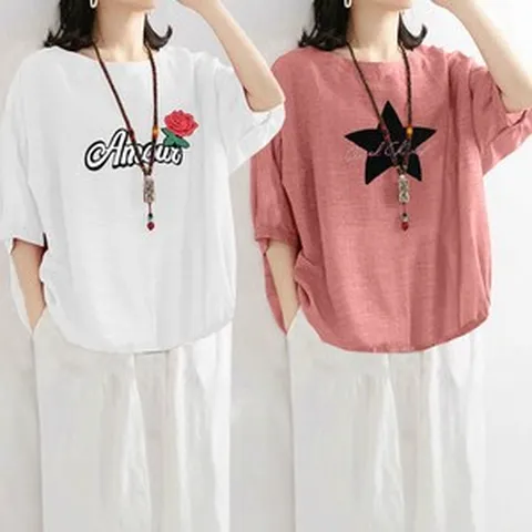 여름 린넨 7부 캐릭터 프린팅 가오리 반팔티 루즈핏 라운드넥 티셔츠 원쁠원프린팅루즈린넨반팔티