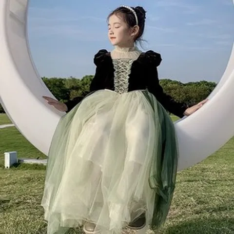 디즈니 안나 공주 여자 가을 겨울 플러스 벨벳 크리스마스 하이 엔드 어린이 기질 생일, 그린 안나 드레스_130cm