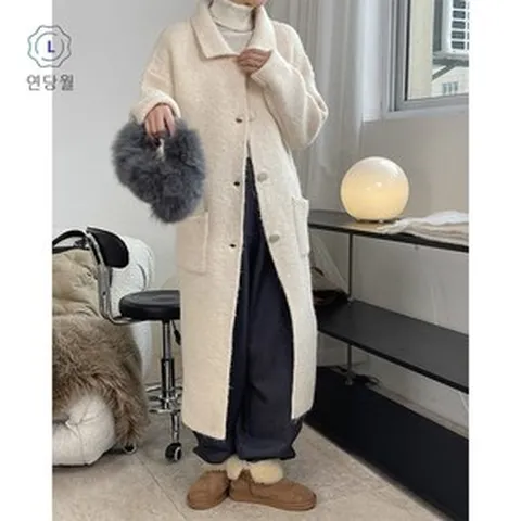 【연당월】나른한 칼라 알파카 코트 날씬해 보이고 따뜻한 무릎 가디건 스웨터예요안나수이니트