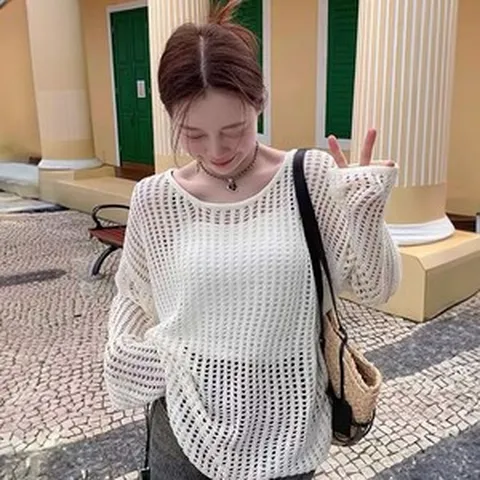 디데이즈 여성 여름 라운드넥 루즈핏 커버업 그물 니트