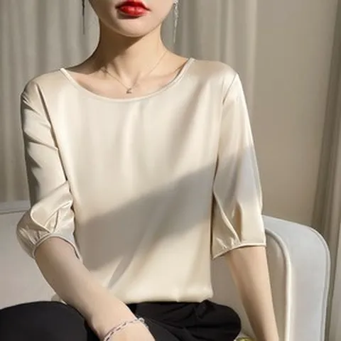 티셔츠 엘레강스 상의 쿨맥스 여름 맨투맨 새틴 라운드 여성 칠부
