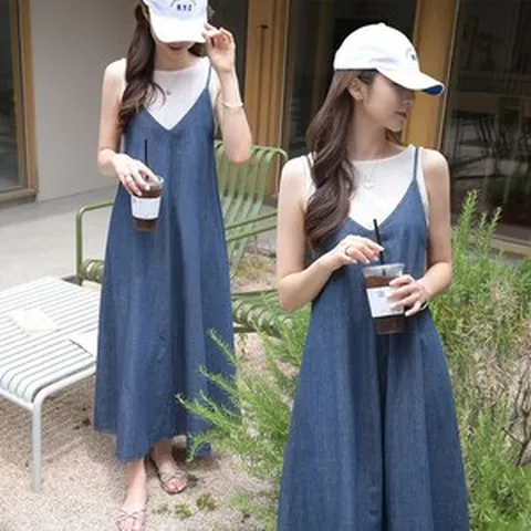 데일리앤 모르 청 멜빵 데님 뷔스티에 여름 롱 원피스 데일리 레이어드 원피스