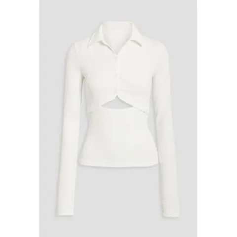 핼무트랭 컷아웃 리브드 니트 폴로 카라 티셔츠 화이트 여성 긴팔