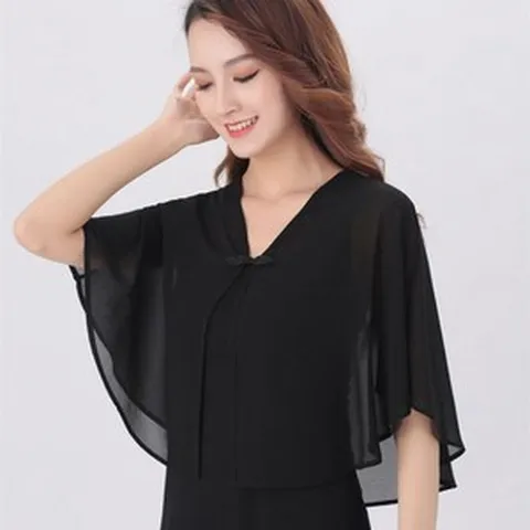 여름 망토 케이프 쉬폰 가디건 루즈핏 블라우스 조끼 여성 블라우스 크롭셔츠 상의