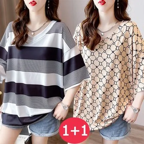 1+1 스트라이프 반팔 티셔츠 여자 오버핏 반팔티 냉장고 면 브이넥 티 빅사이즈, 0002그레이+0003블랙, 2개