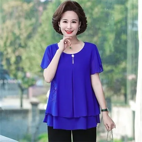 besteffie 쉬폰블라우스 중년여성 라운드넥 단색 이중 쉬폰 블라우스 쉬폰 롱 블라우스 진주 쉬폰 블라우스 E15