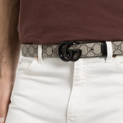 GUCCI 구찌 공용 베이지 블랙 GG 마몬트 씬 벨트 414516-HUH4V-9769