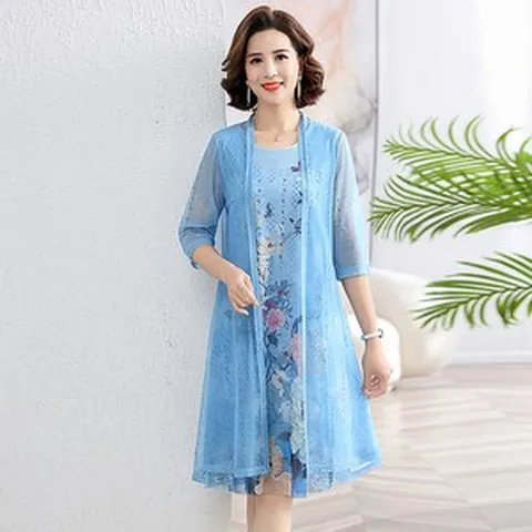 중년 여성 봄 여름 원피스 투피스 캐주얼 가디건 원피스 세트 중년 엄마 루즈핏 코트 고급스러운 스커트 YMY