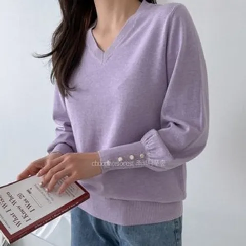 연보라니트 퍼프소매니트 브이넥니트 봄니트