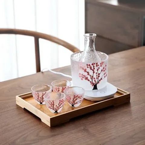 일본술 벚꽃잔 참이슬 화요 소주잔 술잔 잔세트 사케잔 옵션 주병 도쿠리세트 꽃피는 술병, 벚나무【풀세트】+온도조절기+미디엄 트레이, 1개