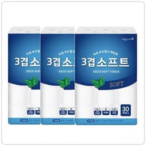 깨끗한 나라 3겹 소프트 롤화장지, 3개, 30개입