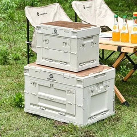 쟈오시무역 캠핑 다용도 멀티 오픈형 폴딩 박스 대용량 캠핑 폴딩박스 + 원목 상판, 베이지색, 25L (5 개의 문)