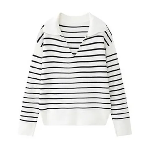 여성 같은 봄 흑백 스트라이프 루즈핏 기본 분할 폴로 옷깃 니트 스웨터