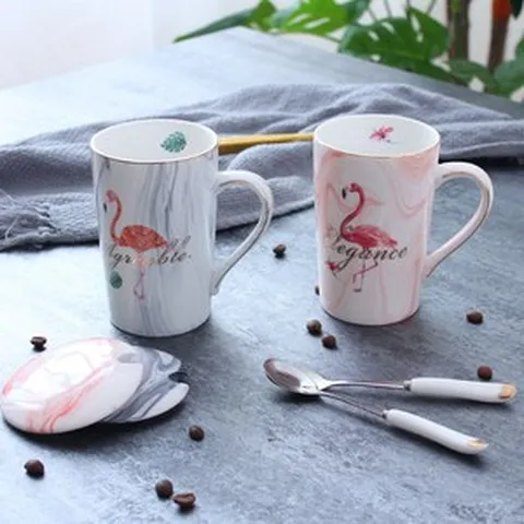 컵 세라믹 워터 컵 대리석 컵 커플 커피 컵 사무실 머그잔 커버 스푼, 플라밍고 플러스 골드 페어【회색+분말】뚜껑 숟가락 제공, 1개