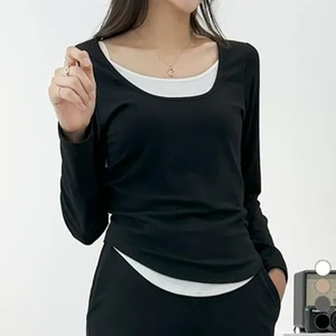 끌로이 여성 투톤 배색 레이어드 긴팔 스퀘어넥 티셔츠 배색 포인트 데일리 캐주얼 스판티 이너티 단독티