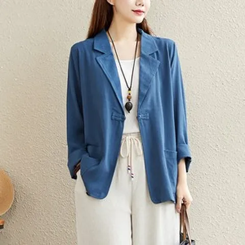 COBOTOR 빅사이즈 여성 린넨 자켓 빈티지 봄 여름 긴팔 얇은 오버핏 여자 봄자켓 캐주얼 linen jacket women JX0260