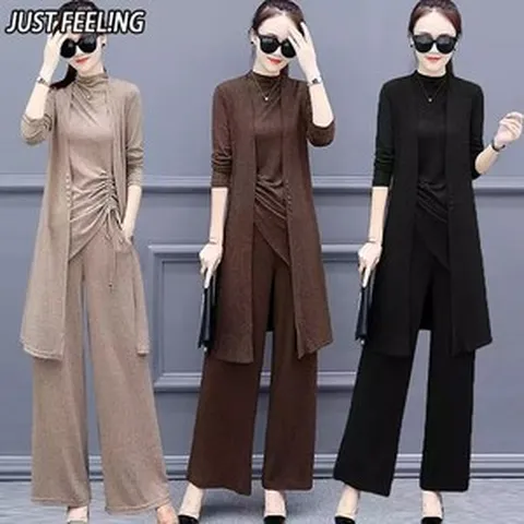 JUSTFEELING 40대 빅사이즈여성의류 니트 캐주얼 3종세트 카디건 니트티 와이드 팬츠 봄가을