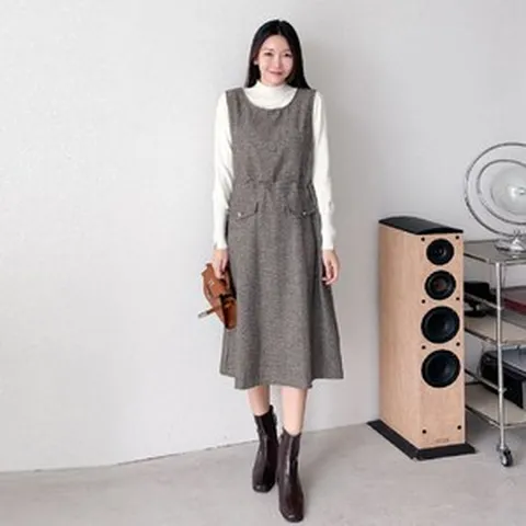 초가을 헤링본 민소매 롱 원피스