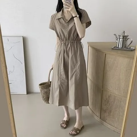 유라타임 로로 바스락 스트링 반팔 루즈핏 롱 원피스