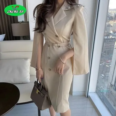 여성 케이프 더블버튼 벨티드 세미정장 원피스 하객룩 오피스룩
