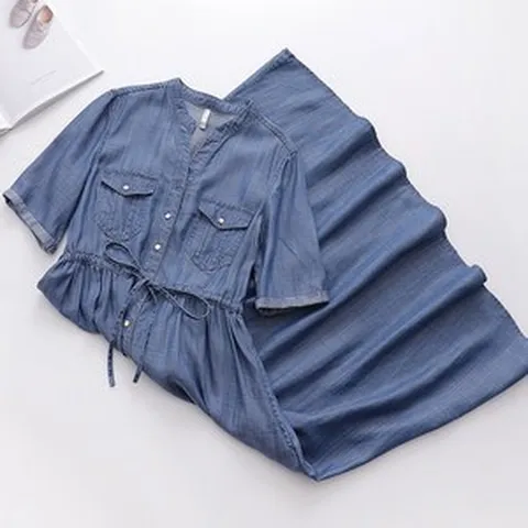 WAWAMOM(특허브랜드) 여성 헨리넥 데님원피스 여름 텐셀 청원피스 CAR61