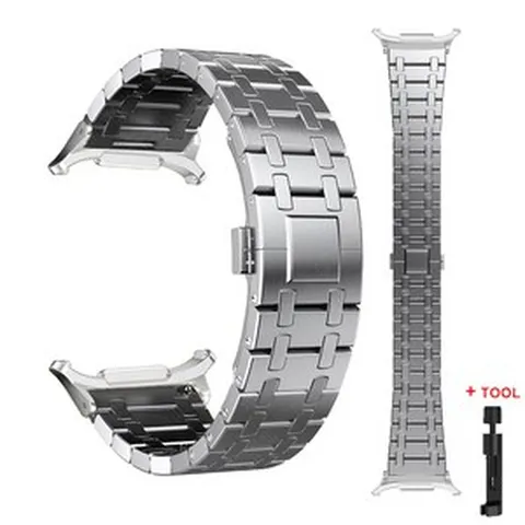 갤럭시 워치 7 울트라 6 5 프로 클래식 47mm 44mm 메탈 가죽 스트랩 밴드 삼성 호환 팔찌용 갭 없는 럭셔리 솔리드 316L 스테인리스 스틸, [03] 은, [01] Watch 7 Ultra 47mm