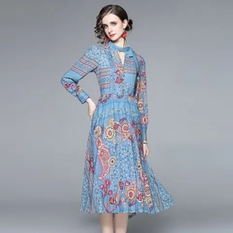 여성 플리츠 퍼프 주름 롱 원피스 2022 봄 포지셔닝 프린트 슬리브 V-넥 리본