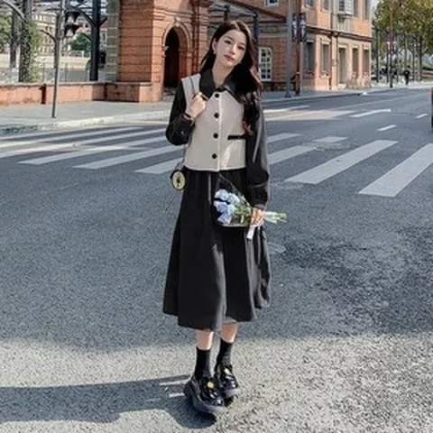 COSYEVNO 여성 긴팔 원피스 봄 빅사이즈 폴로 셔츠 스커트+조끼 투피스