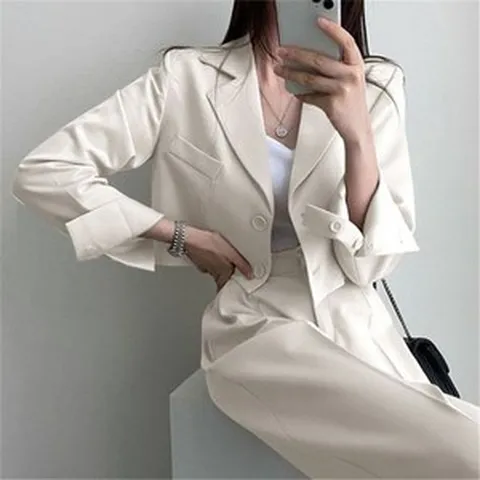 5컬러 빅사이즈 여성 정장투피스 럭셔리 크롭 긴팔 자켓 + 하이웨스트 정장 통바지 루즈핏 상하세트 ~3xl까지
