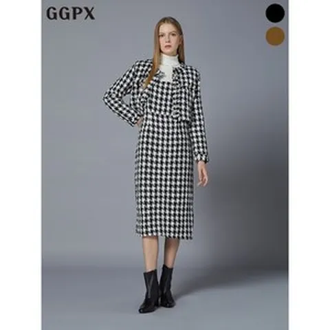 GGPX 하운드 체크 크롭 트위드 자켓 앤 뷔스티에 원피스 셋업 GOAOP006F
