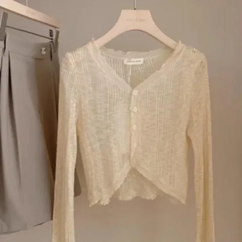 여성 여름 시스루 긴팔 오픈 매쉬 니트 볼레로 가디건