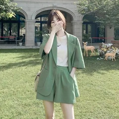 WPUY 루즈핏 캐주얼 린넨 반팔자켓 와이드 세트 여름 시원한 조거팬츠 캐주얼 여성용 시원한 포켓 작업복 심플 와이드