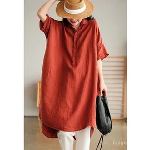 고급 면 마 원피스 여성 여름 5부 소매 양쪽 트임 통mm 솔리드 롱 셔츠 원피스