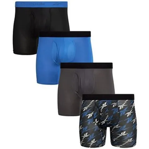 리복 Reebok 남성용 속옷 플라이 파우치가 있는 퍼포먼스 복서 브리프 4팩 블랙/블루/차콜/블랙 프린트
