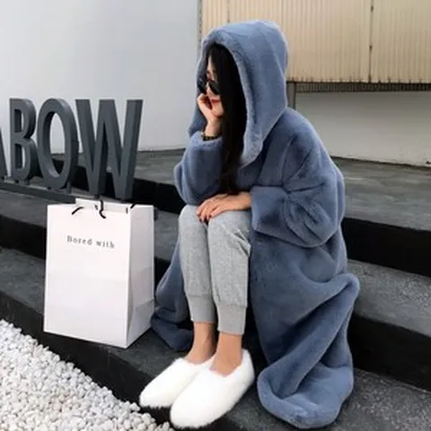 TMJ 여성 추동 인조밍크 도톰 오버핏 보아털 후드 롱 코트